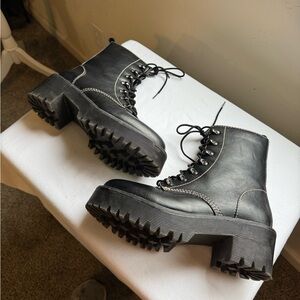 Madden Girl Hawke Lace-up Combat Boots in Black Faux Leather with a Lug Sole 8.5